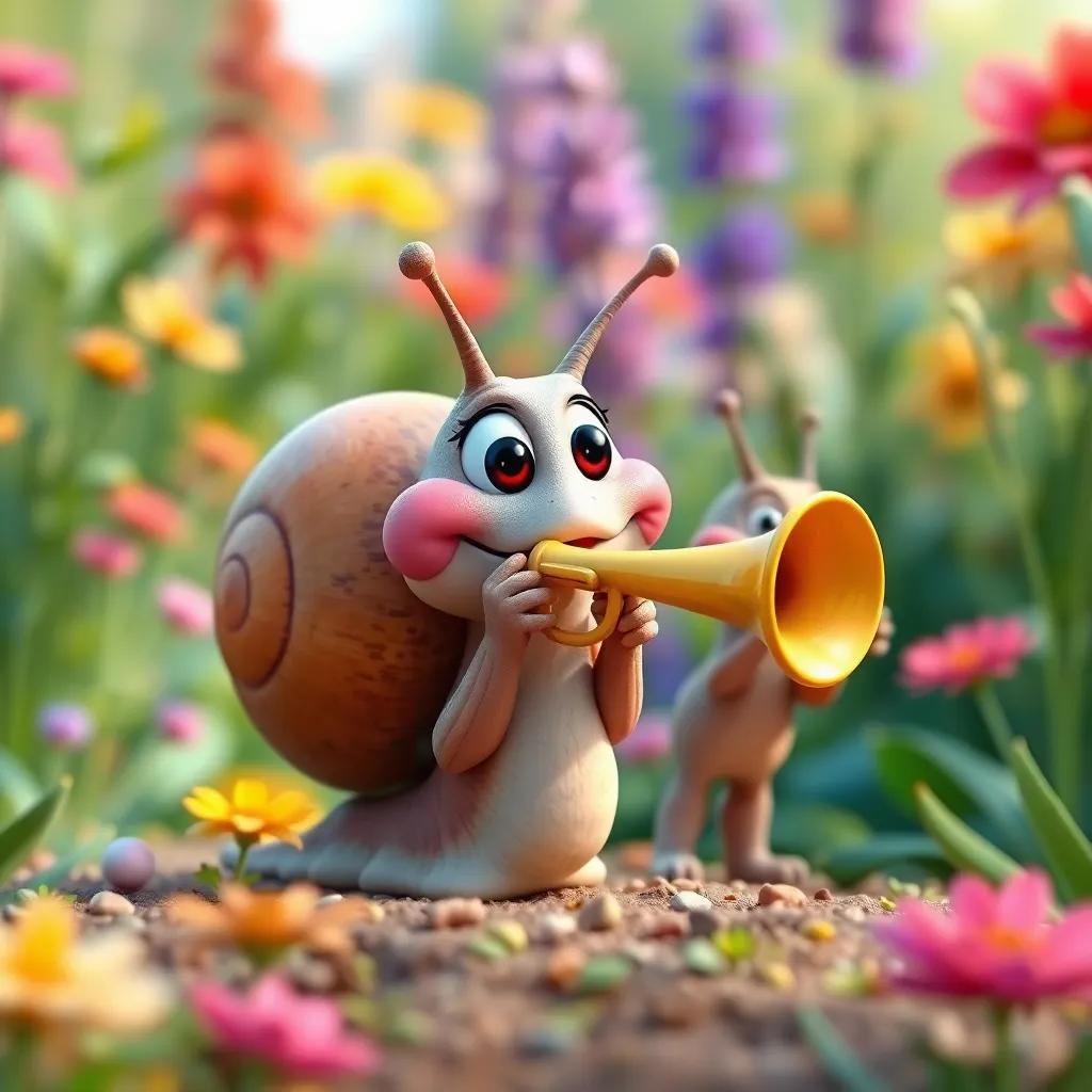 A snail playing a small trumpet, with friends clapping to support, vibrant garden background, fun and engaging moment, colorful and lively, high quality