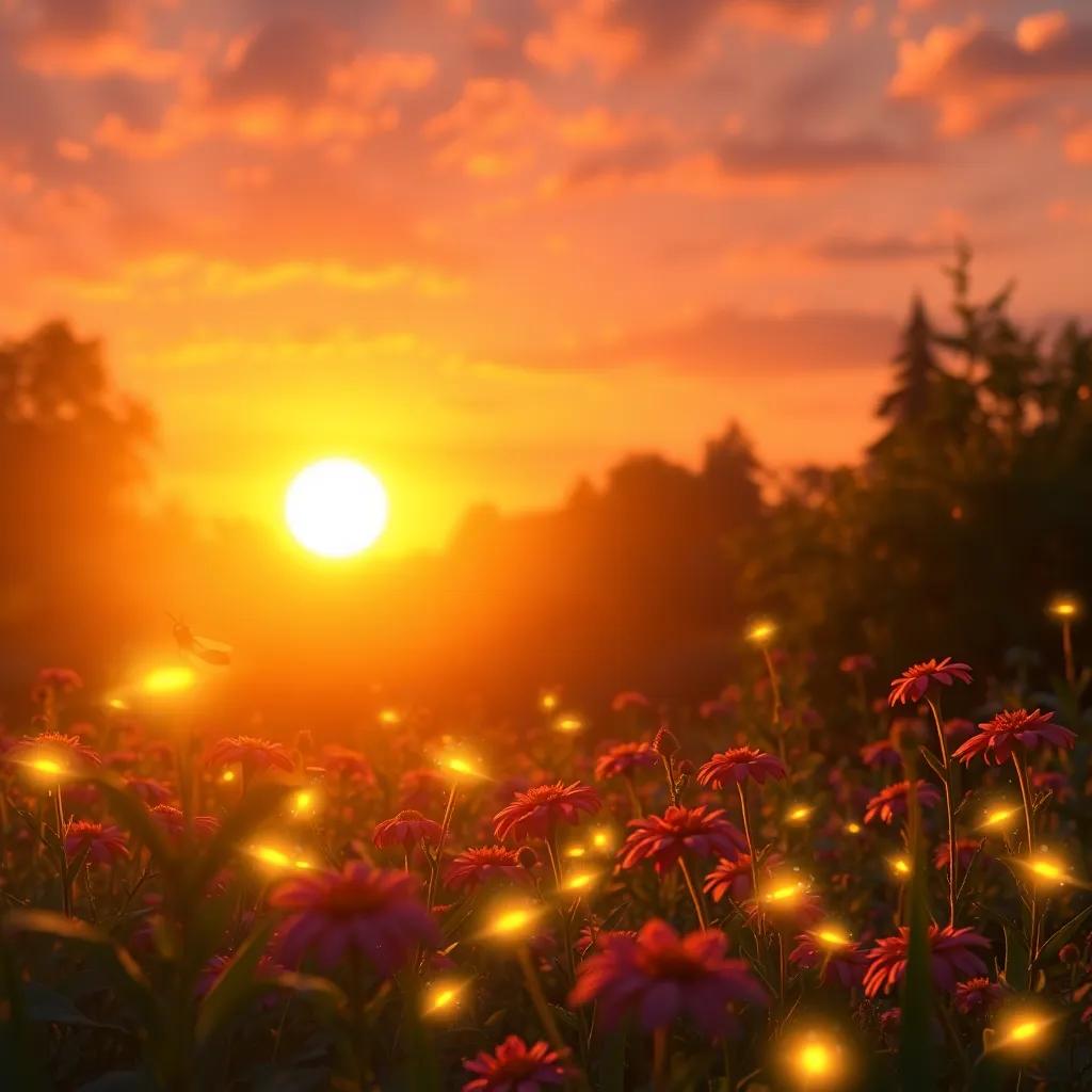 A glowing sunset with fireflies lighting up the garden, flowers continuing to sing about friendship, warm golden hues, serene but joyful atmosphere, magical view, high quality