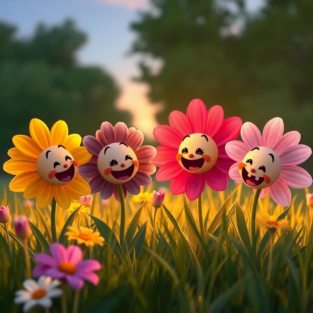 A group of happy flowers chatting together in the grass after the party, smiles and laughter filling the air, soft evening light, warm colors, heartwarming scene, high quality