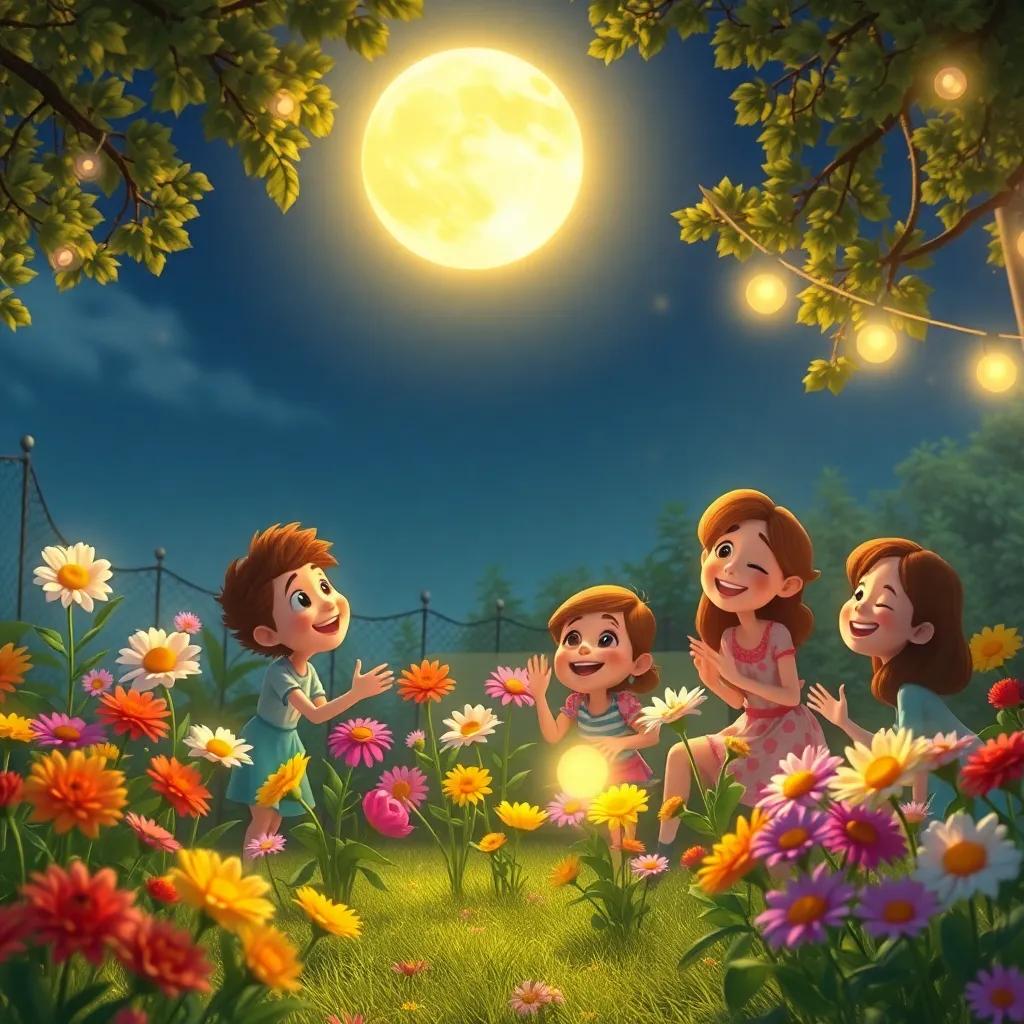 A promise of a future garden party being made by singing flowers, surrounded by friends, smiles and soft moonlight, peaceful but joyful mood, vivid colors, high quality
