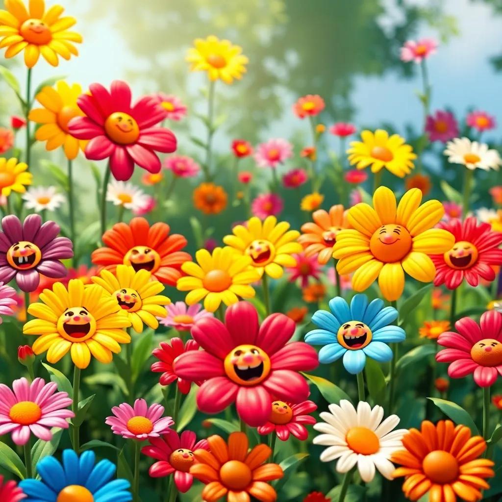 A beautiful garden full of colorful flowers with singing faces, radiating happiness and warmth, bright colors and cheerful vibe, artistic, inviting atmosphere, high quality
