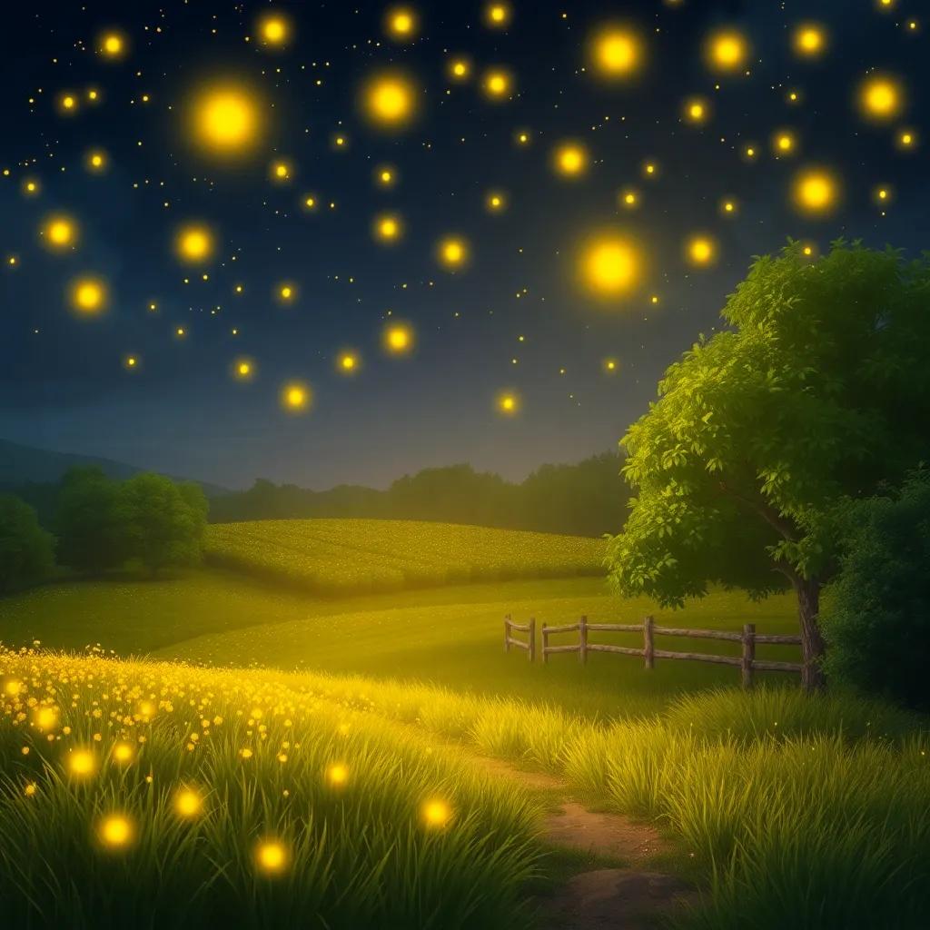 A magical night in the countryside, with bright yellow fireflies lighting the sky, creating a warm and inviting atmosphere, digital art, vibrant colors, cheerful scene, high quality