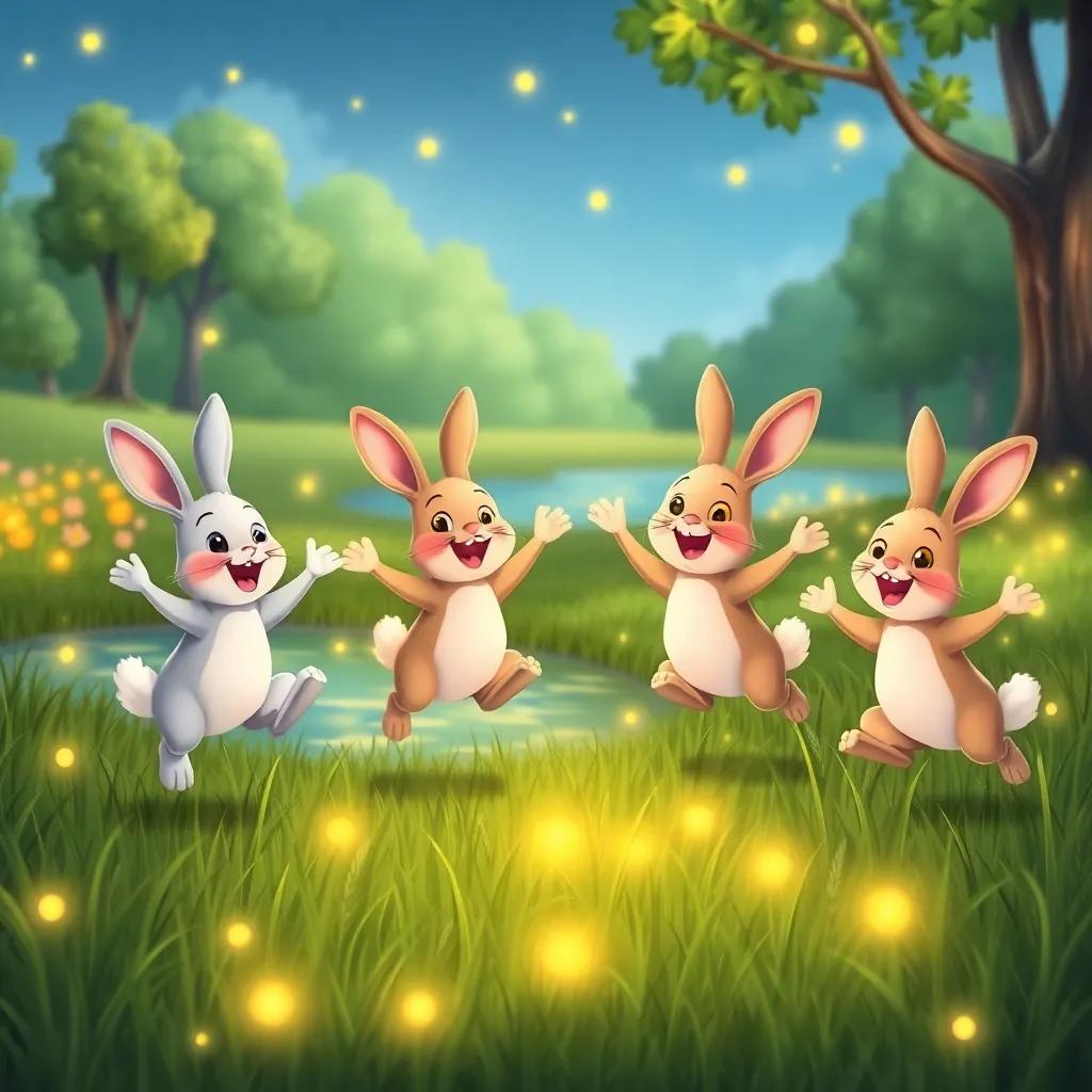 Happy rabbits jumping joyfully around glowing fireflies in the grass, surrounded by trees and a shimmering pond, illustration, colorful, playful, child-friendly