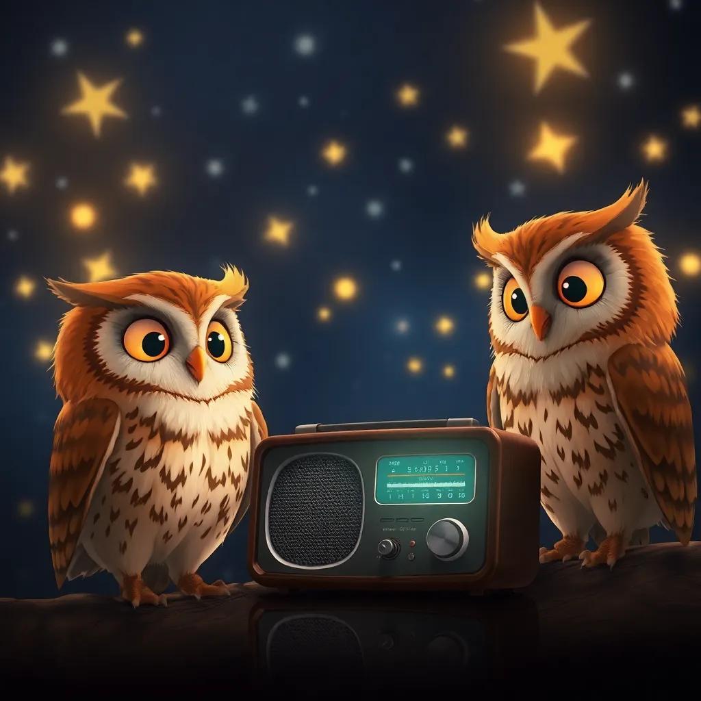 Curious owls looking at a small radio while fireflies dance in the background, bright stars twinkling in the night sky, whimsical, atmospheric, warm light