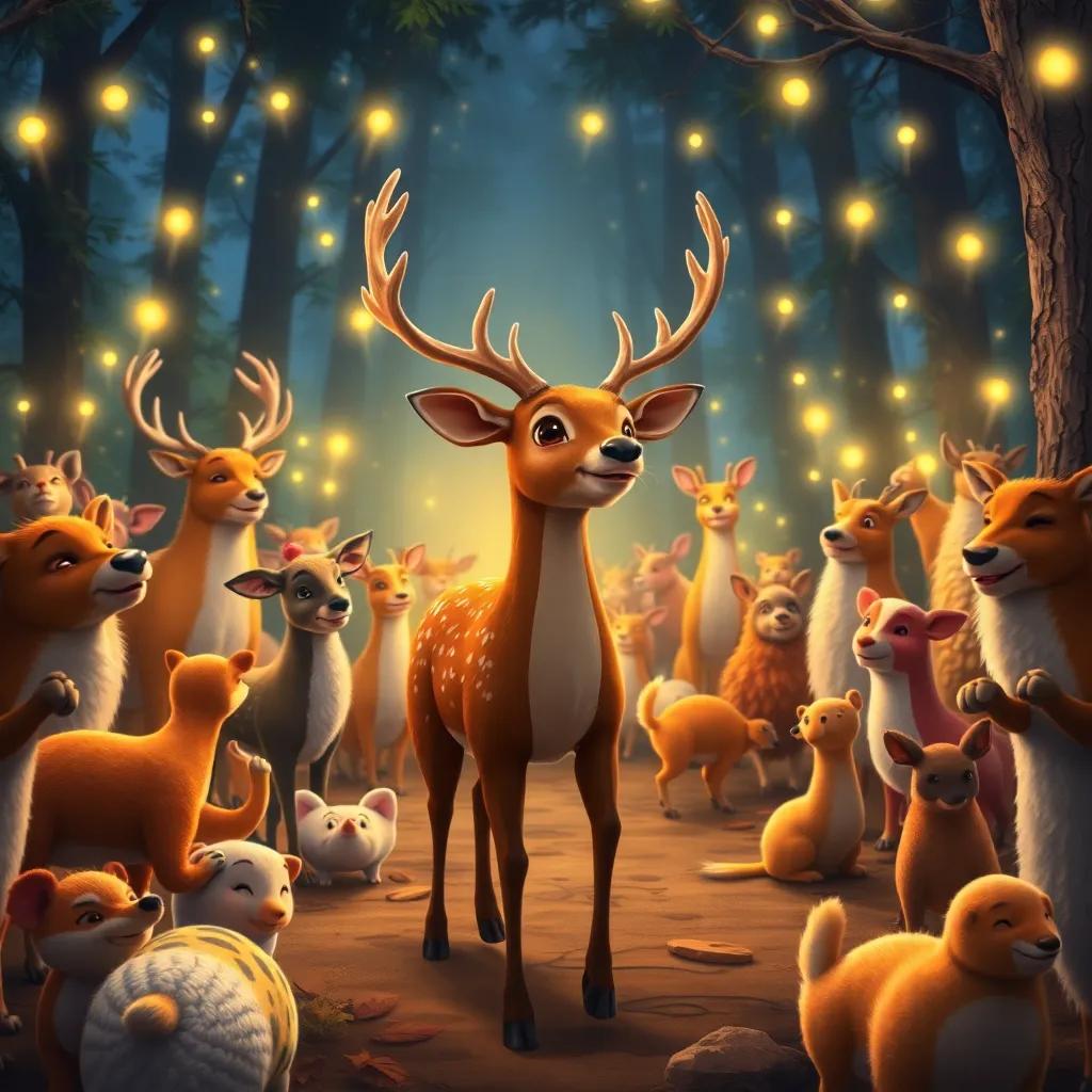 Deer arriving at a joyful gathering of animals, under the glow of fireflies, a happy and welcoming scene in the forest, detailed, heartwarming, rich colors
