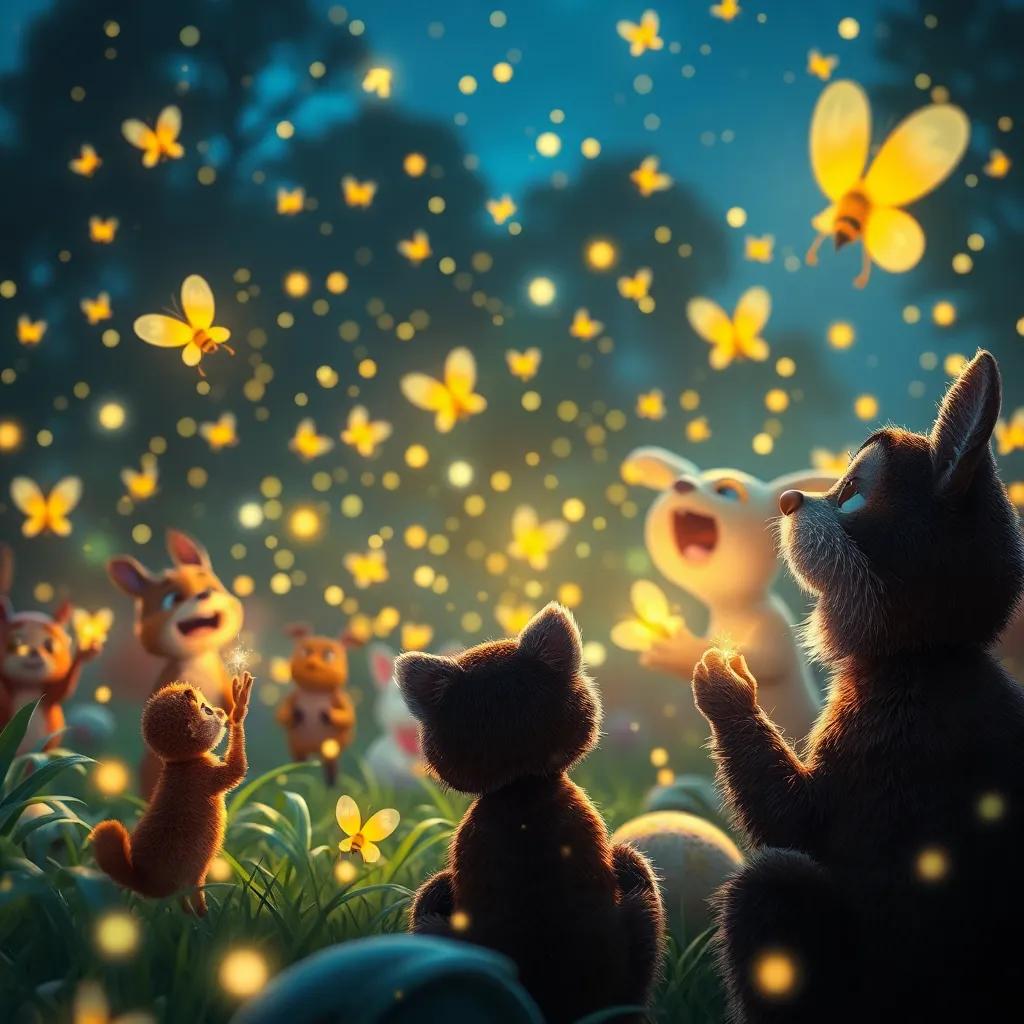 Fireflies competing in brightness, sparkling lights filling the air, animals clapping and cheering, beautiful night setting, digital painting, lively and engaging, high detail