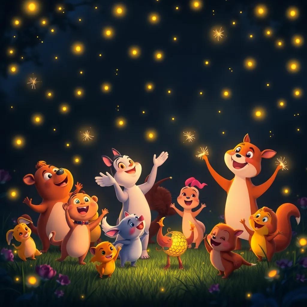 Fireflies dancing and twirling in the dark, providing a magical glow to the surrounding animals, joyful expressions on everyone's faces, vibrant scene, cheerful mood