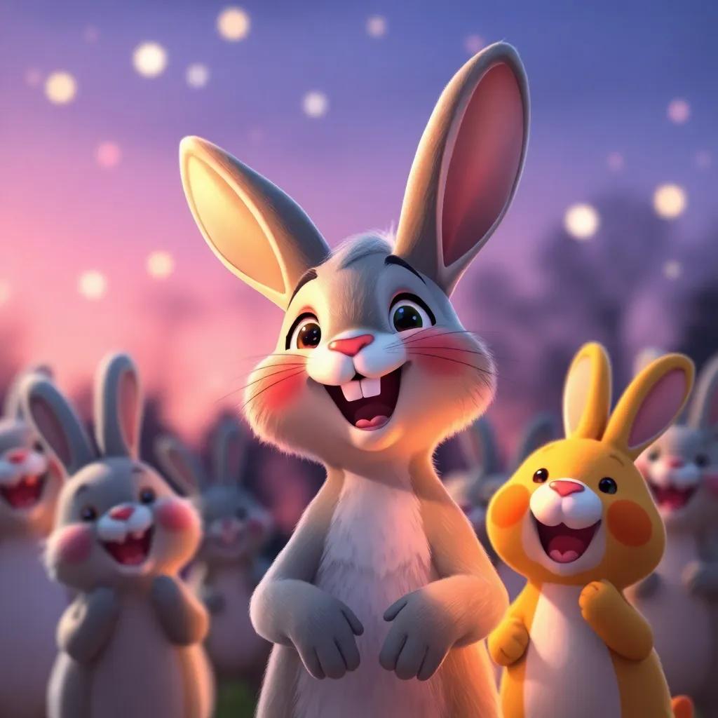 A delighted rabbit exclaiming about the festival, surrounded by happy friends, twilight setting with sparkling lights, heartwarming and cheerful