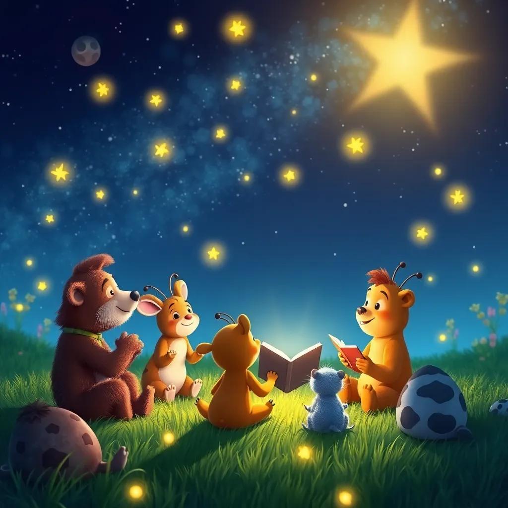 Fireflies telling stories to attentive animals sitting on green grass, a beautiful backdrop with twinkling stars and a friendly atmosphere, magical and inviting, detail-rich