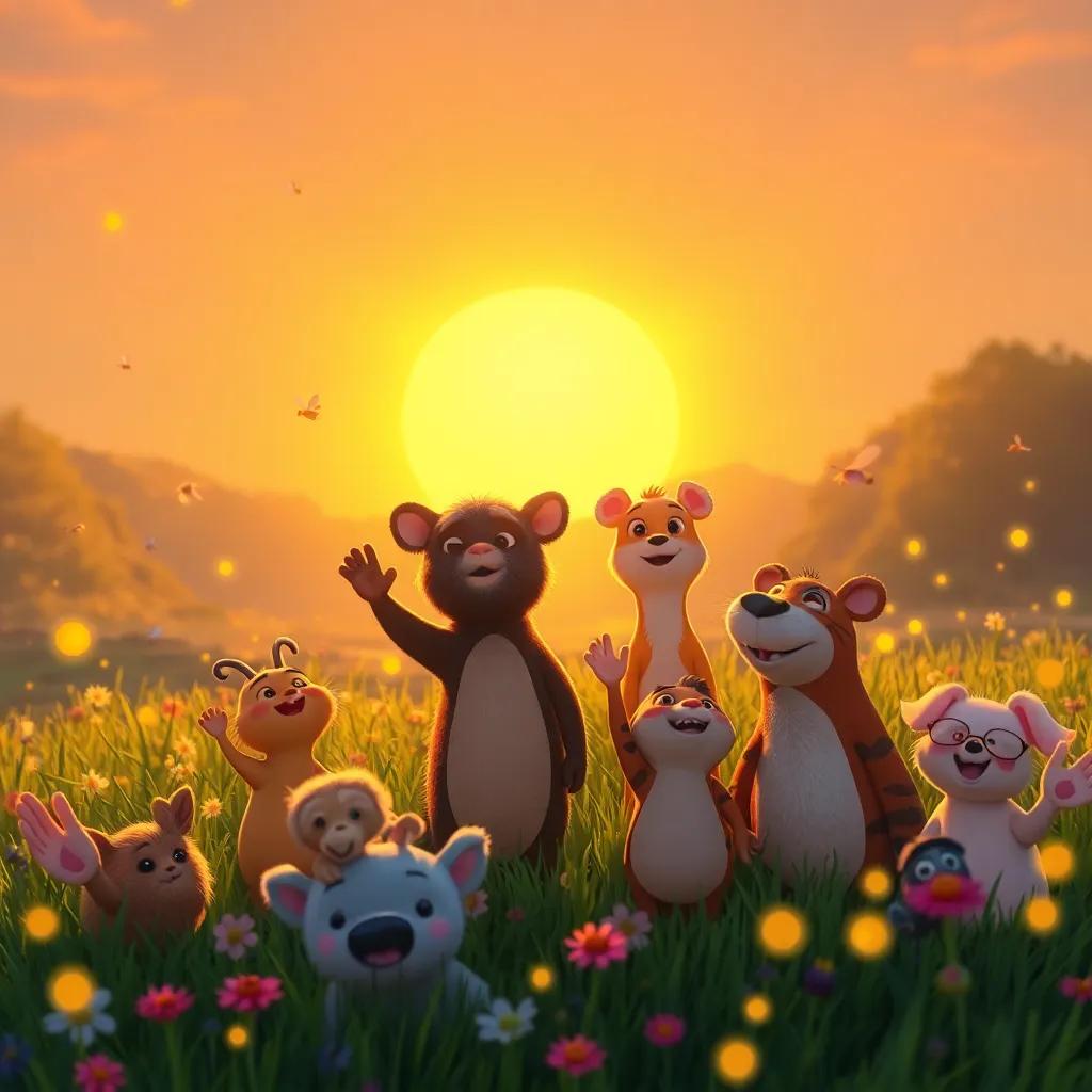 Fireflies bidding farewell as the sun rises, animals waving and promising to return next year, warm sunlight spilling over the scene, cheerful and bright, uplifting moment