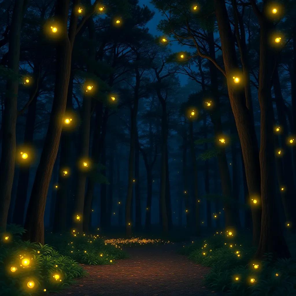 A dark forest at night, with a magical glow of fireflies shining like stars, creating a peaceful and enchanting atmosphere, digital art, vibrant colors, beautiful and inviting scene, high quality
