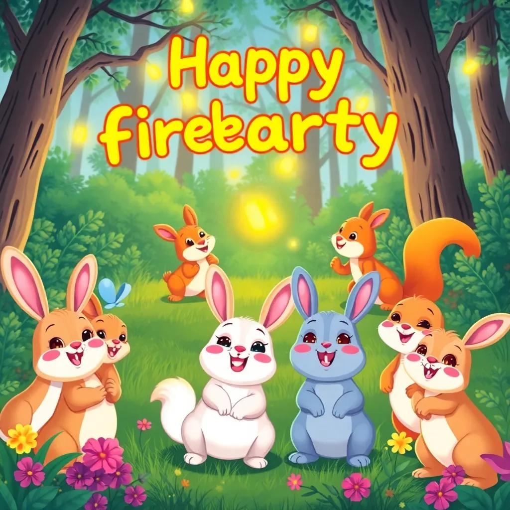 A group of cute rabbits and squirrels gathering in a forest clearing, excited to see the firefly party, with smiles and happy expressions, colorful, cheerful, child-friendly, digital illustration, whimsical and colorful