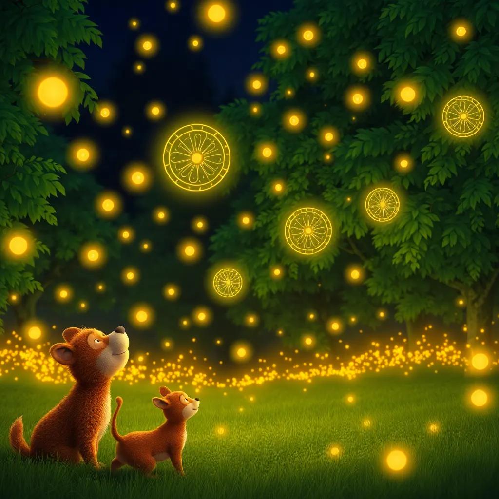 Fireflies dancing in the air, creating beautiful glowing patterns and shapes, with the animals observing in awe, surrounded by lush green trees, joyful and dynamic scene, high quality