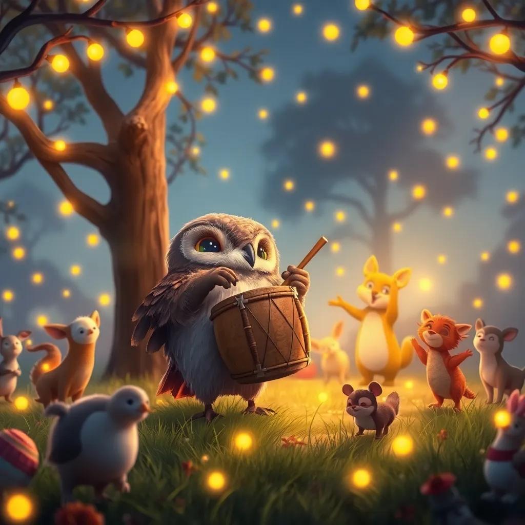 An owl playing a drum in the center of the clearing, while fireflies illuminate the surroundings, animals dancing joyously around, festive and lively atmosphere, digital art, warm colors, charming