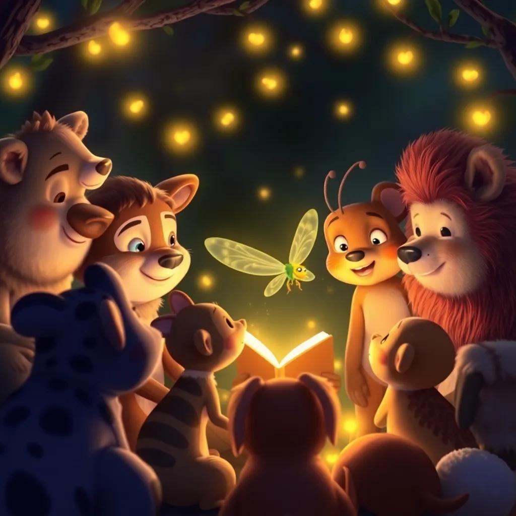 A firefly telling a story to the animals gathered around, with attentive expressions, surrounded by the glow of the fireflies, emphasizing friendship and community, warm light, heartwarming, high quality