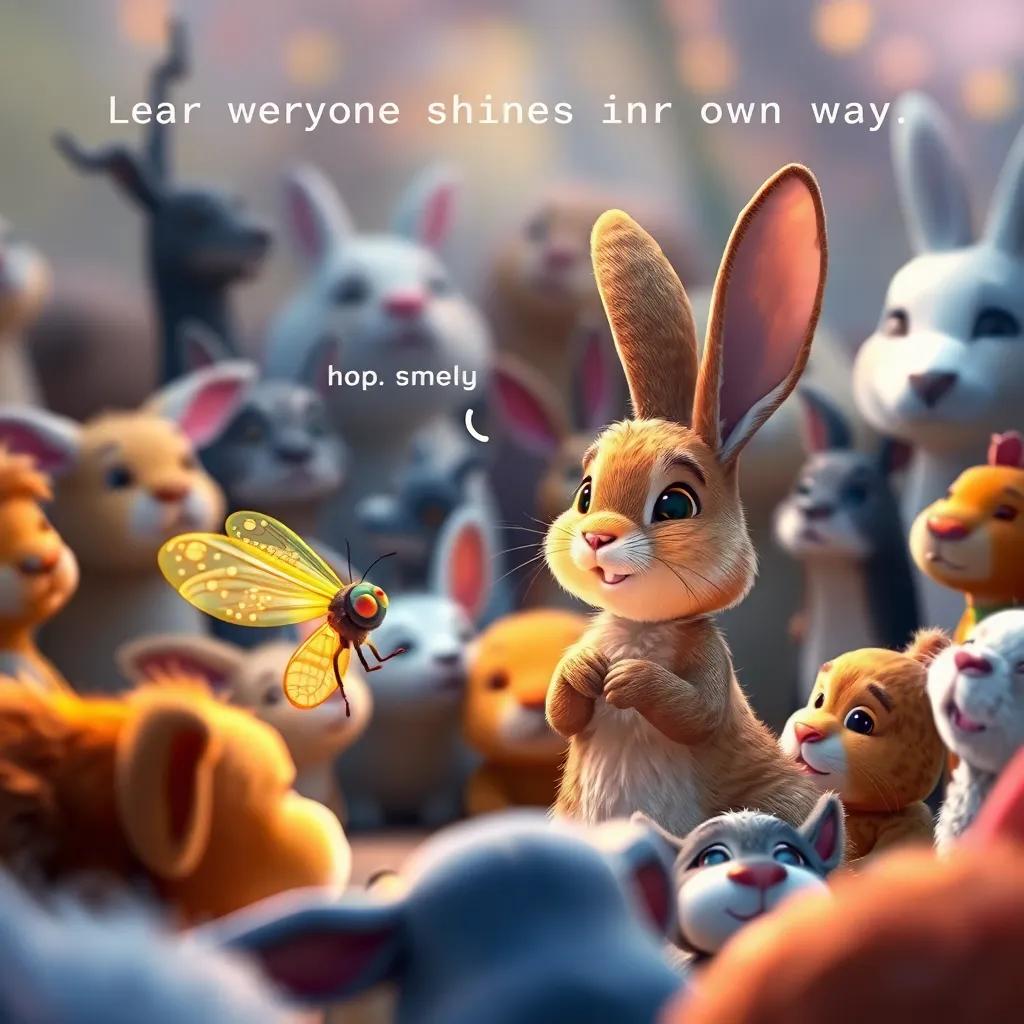 A firefly gently talking to a rabbit, sharing that everyone shines in their own way, amidst the gathering animals looking joyfully, vibrant colors, soft focus, compelling