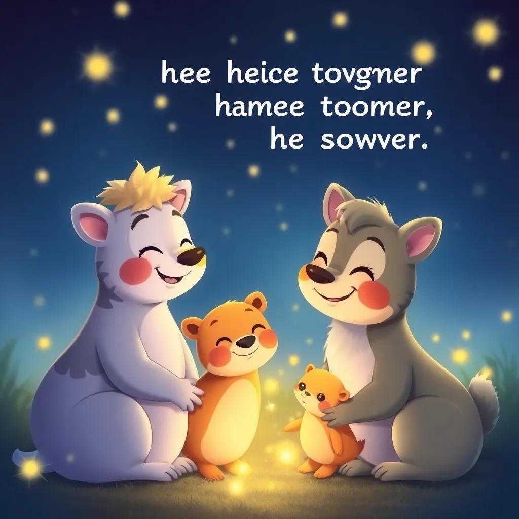 Animals smiling and understanding that together they are stronger, deciding to help each other in the cozy glow of the fireflies, heartwarming illustration, bright and soft colors, high detail