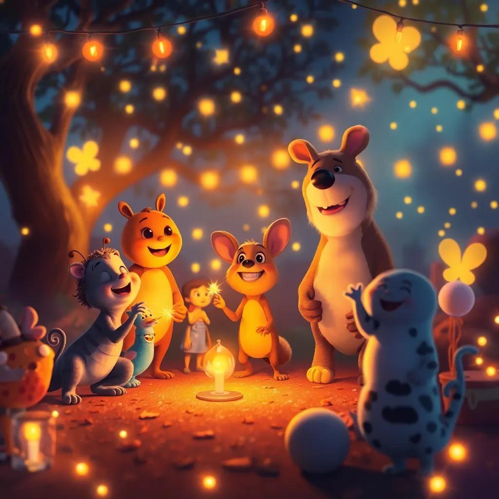 The moment after the party with fireflies and animals bidding farewell with happy expressions, with light still flickering around, creating a magical ambiance, vibrant and joyful, high quality