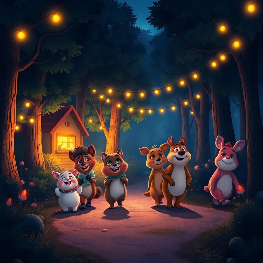 A night scene filled with smiles and happy animals walking back home after the party, the forest softly illuminated, with warm colors filling the background, charming and inviting tale ending
