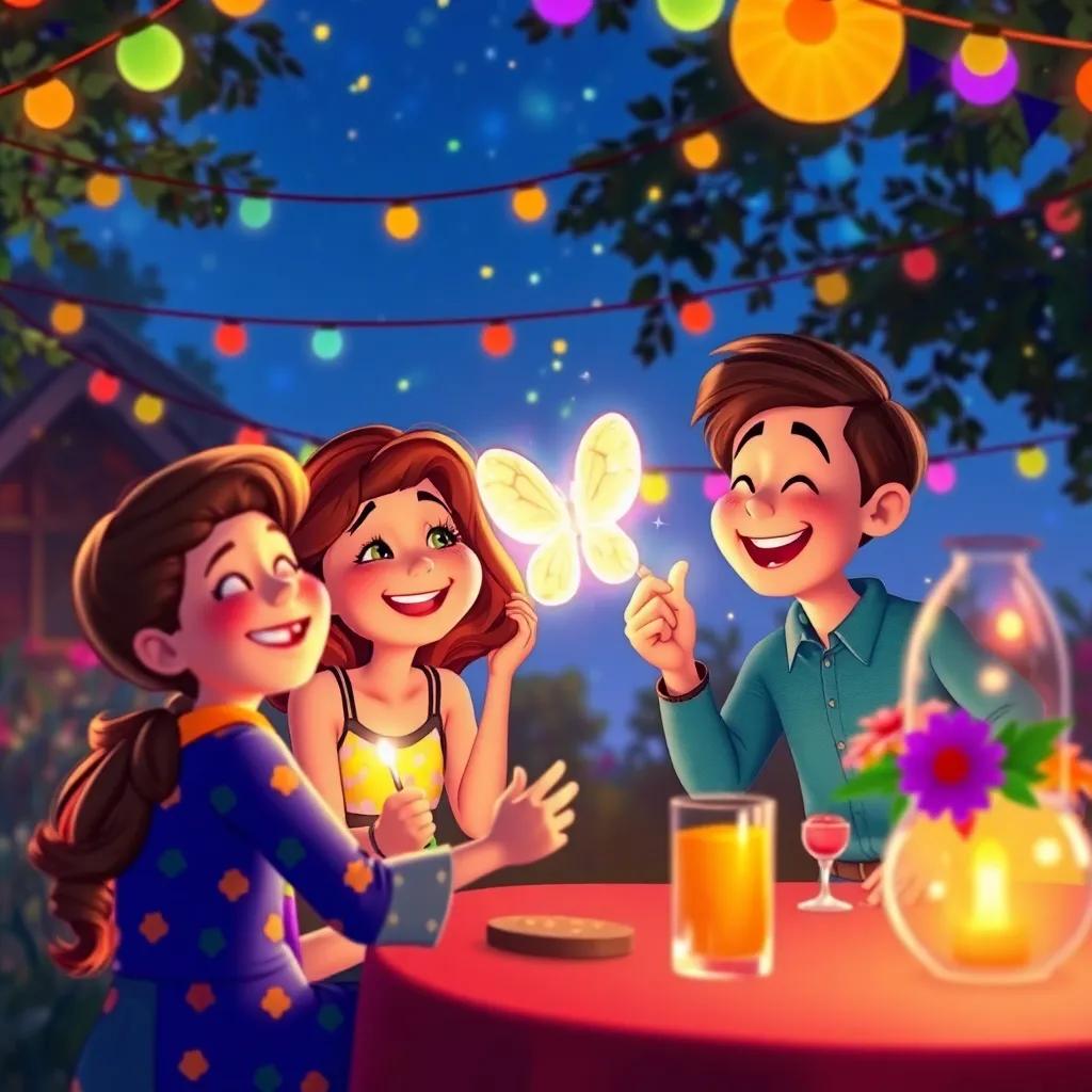A scene depicting colorful memories of the firefly party, joyful celebrations with laughter and light representing friendship and bright hopes for future gatherings, cheerful and warm, high quality