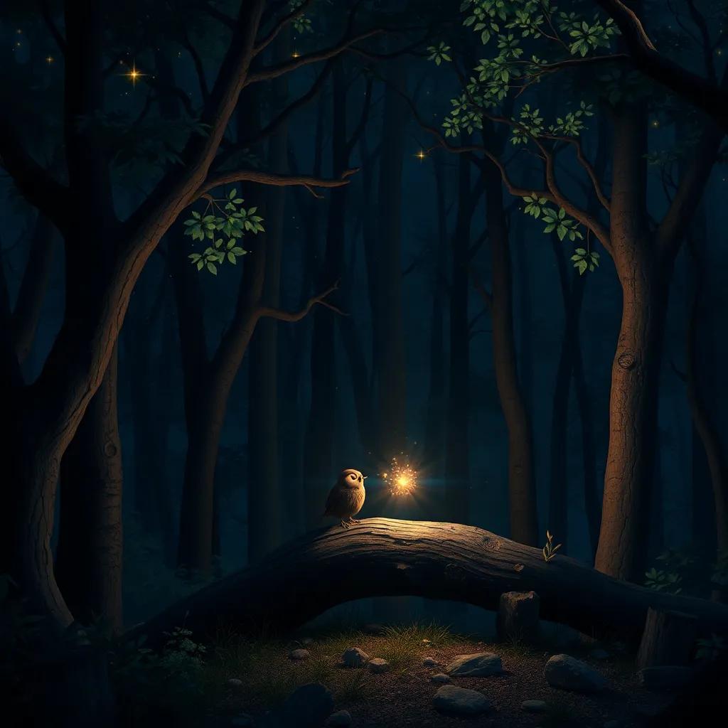 Una noche oscura en un bosque con un búho triste, Horacio, de plumaje marrón, en una rama con un fondo de estrellas brillantes, digital art, warm colors, calm atmosphere, high quality
