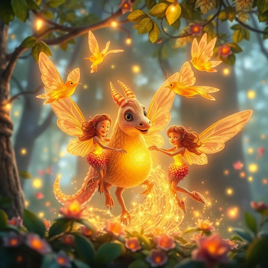 Un grupo de luciérnagas brillantes volando alrededor de Horacio en un claro del bosque, decorado con hojas brillantes y flores, luz mágica, colorido, vibrante y feliz, high quality