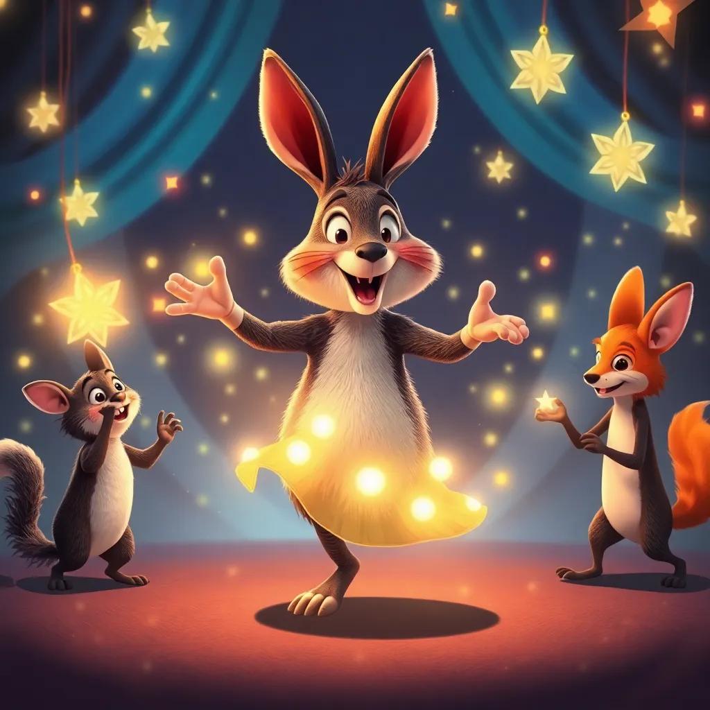 Horacio, el búho, bailando con luciérnagas brillantes, rodeado de animales como conejos y zorros ayudándole a bailar, ambiente de alegría, animación, high quality