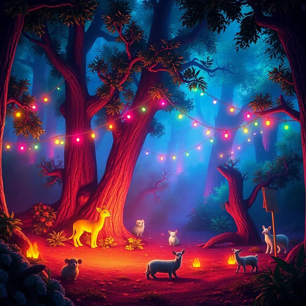Detalles de las luciérnagas iluminando el bosque con luces de colores mientras todos los animales juegan, creando un espectáculo mágico en la oscuridad, digital painting, colorful and bright, high quality