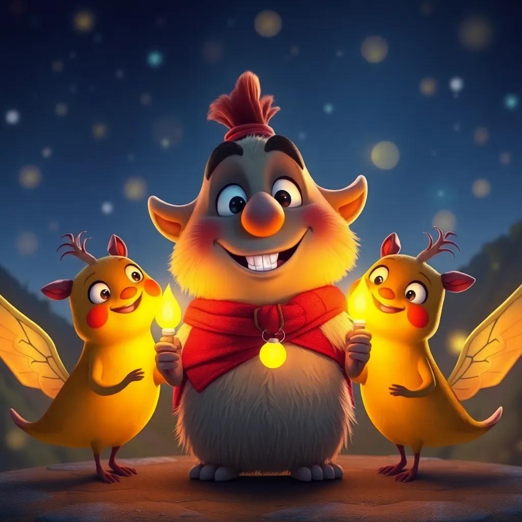 Horacio, el búho, feliz y sonriente, rodeado por sus nuevas amigas, las luciérnagas, en una noche de festividad y amistad, ilustración, colores cálidos, emoción y alegría, high quality