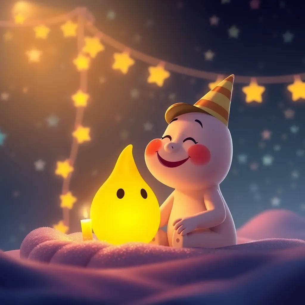Una imagen de despedida de la fiesta con luciérnagas brillando y un búho satisfecho sonriendo, con fondos de estrellas titilando en el cielo, digital art, warm and joyful, high quality