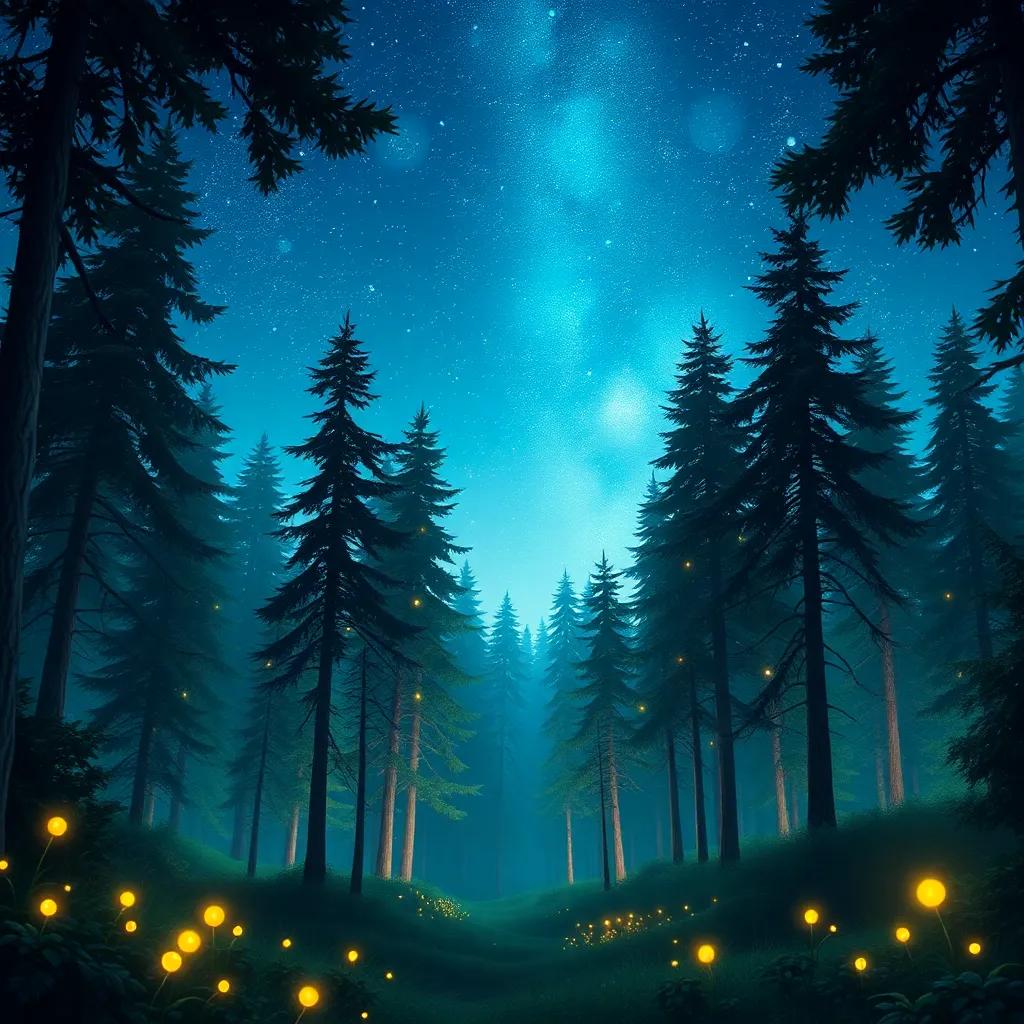 A beautiful forest at night with tall trees and twinkling stars above, the scene sparkling with fireflies lighting up the surroundings, digital art, vibrant colors, enchanting atmosphere, high quality