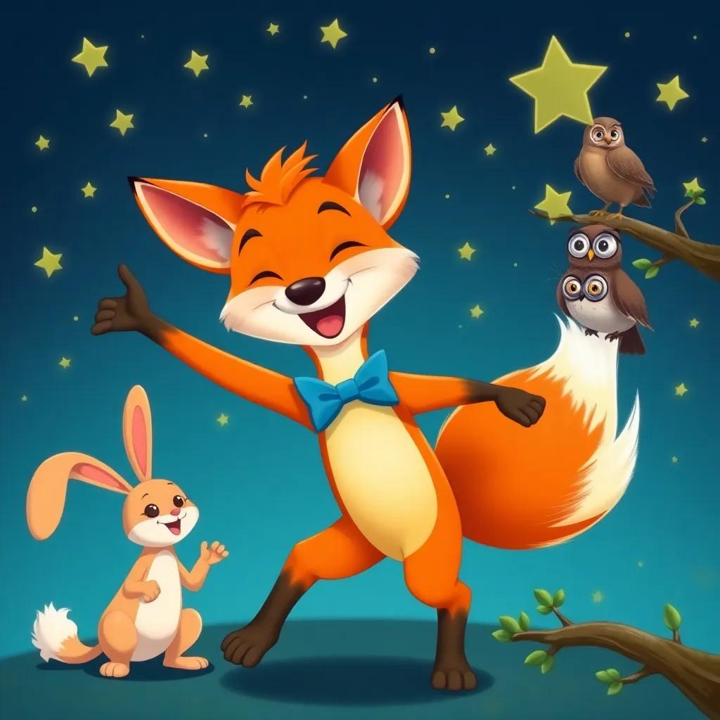 A fox joyfully dancing under the stars, wearing a little bow tie, around him are animals like a rabbit with long ears and a wise owl perched on a branch, playful and cheerful mood, colorful, high quality