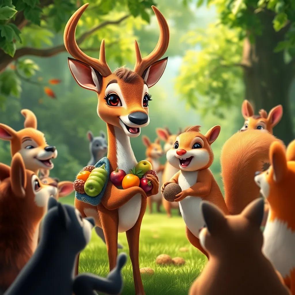 A deer with brown fur carrying juicy fruits and a squirrel holding crunchy nuts, gathering with other animals in a circle, the atmosphere filled with excitement and laughter, lush greenery around, bright colors, high quality