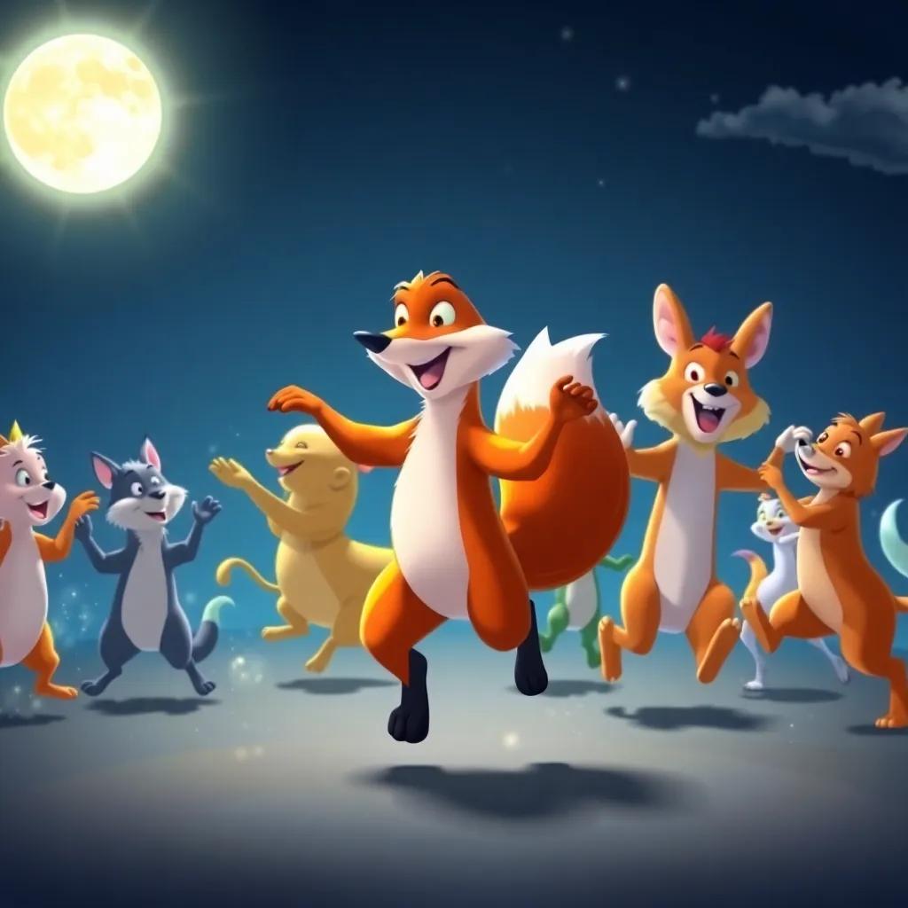 The fox leading a joyful dance with all animals moving side to side, each with their own rhythm, bright moonlight illuminating the scene, dynamic and energetic feel, colorful, high quality