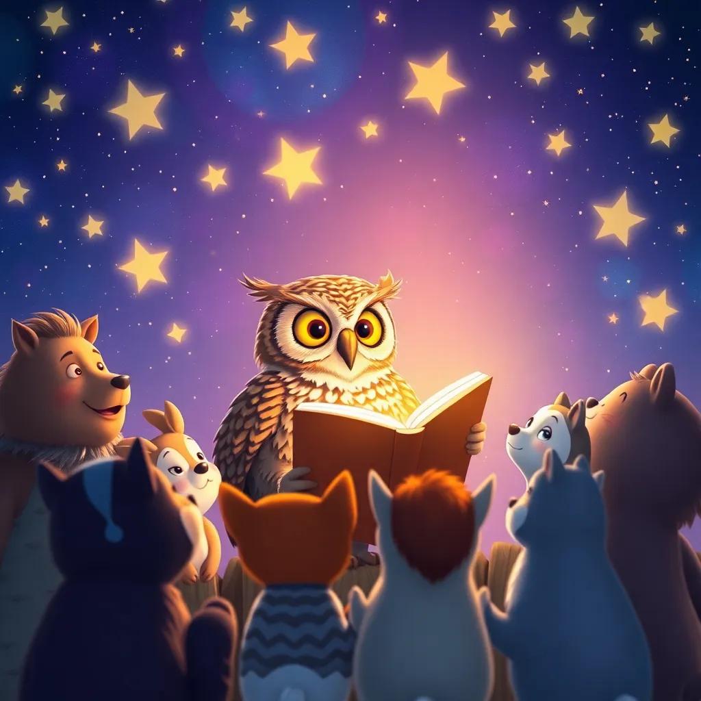 An owl telling enchanting stories to the gathered animals, under the vibrant stars, their attentive faces filled with excitement and wonder, warm and inviting light, detailed illustration, high quality