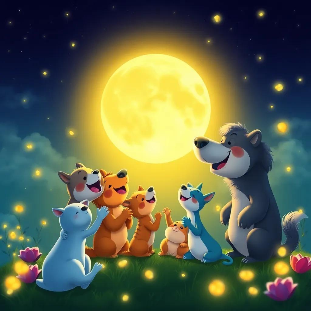 The moon shining brightly over the happy scene, creating a warm glow as fireflies illuminate the singing animals engaging happily, the essence of friendship in the air, cheerful colors, high quality