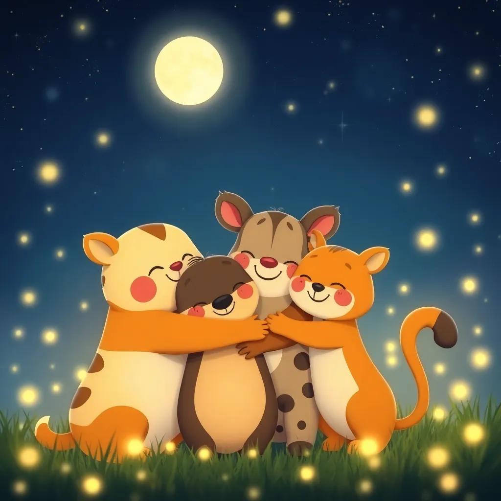 Animals hugging at the end of the night, surrounded by the soft glow of fireflies, with smiles on their faces, the background filled with soft moonlight and stars, heartwarming, high quality