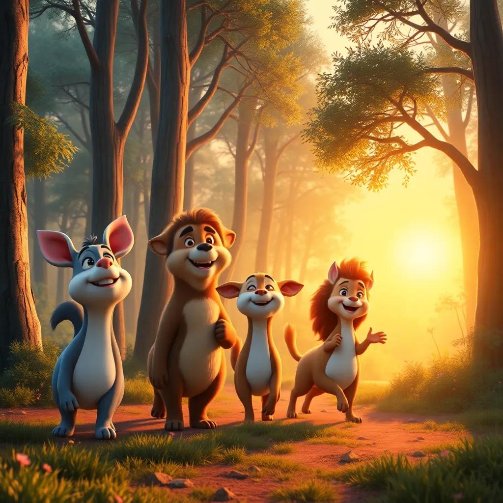 Happy animals returning home at dawn, their hearts full of joy and promises to celebrate again, the forest awakening with morning light, warm colors, serene atmosphere, high quality
