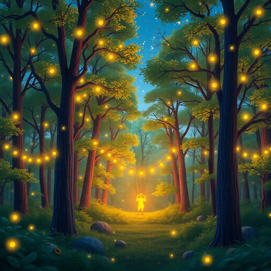 The forest alive with memories of the firefly party, trees swaying gently in the breeze, a promise of joy renewed every year under the stars, vivid colors, nostalgic feel, high quality
