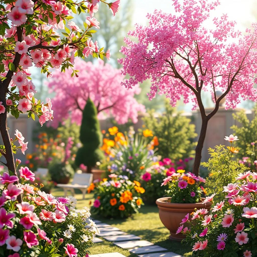 Una hermosa escena de un jardín soleado con flores brillantes y árboles danzantes, digital art, vibrantes colores, atmósfera alegre y festiva, alta calidad