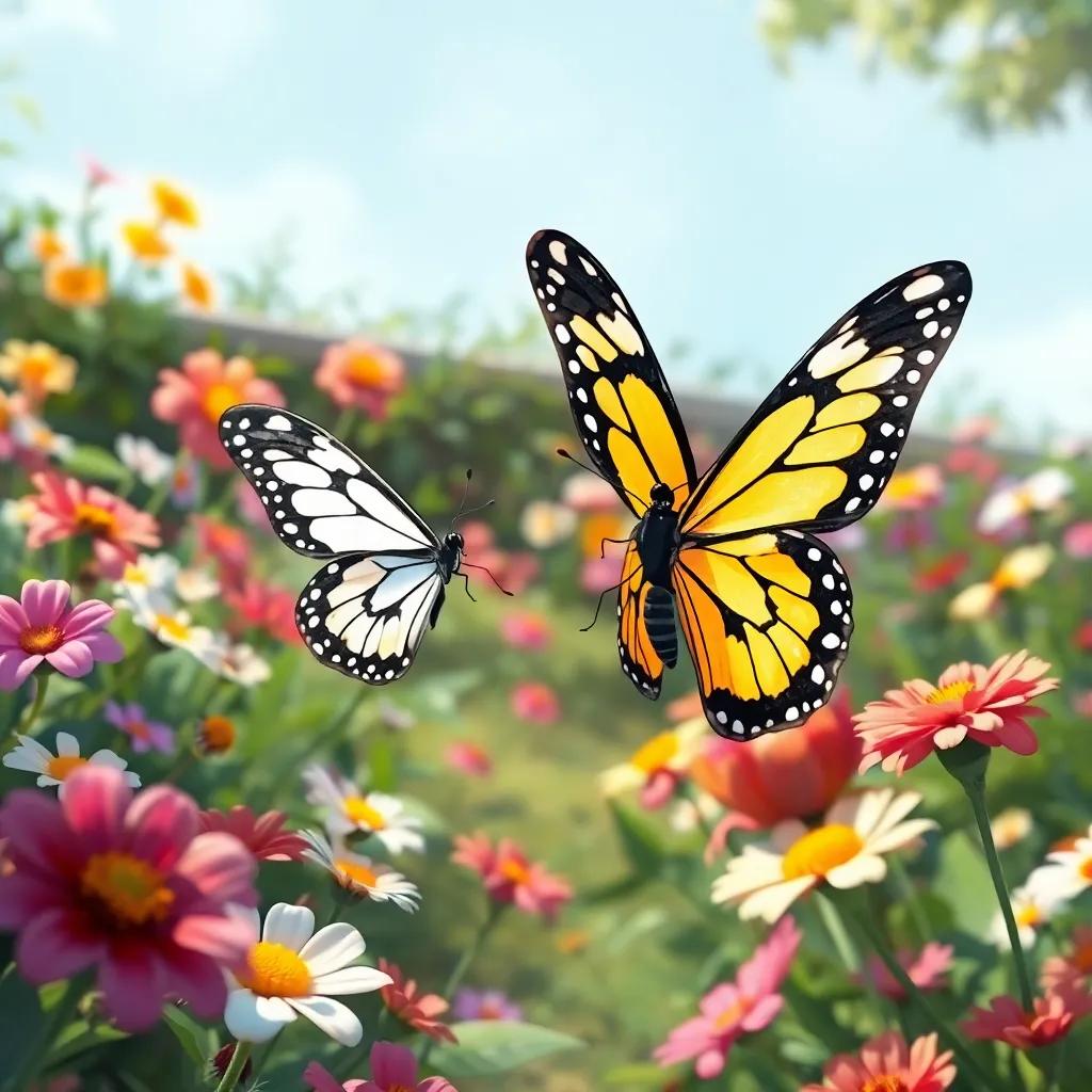 Nieve, una mariposa blanca y negra, jugando al escondite en un jardín lleno de flores, ilustración, divertida, colorida, perspectiva alegre, alta calidad