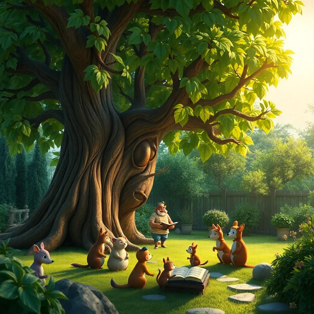Un viejo árbol Sabio con hojas crujientes, contando historias a un grupo de animales en el jardín, atmósfera mágica, iluminada por la luz del sol, detallada, encantadora