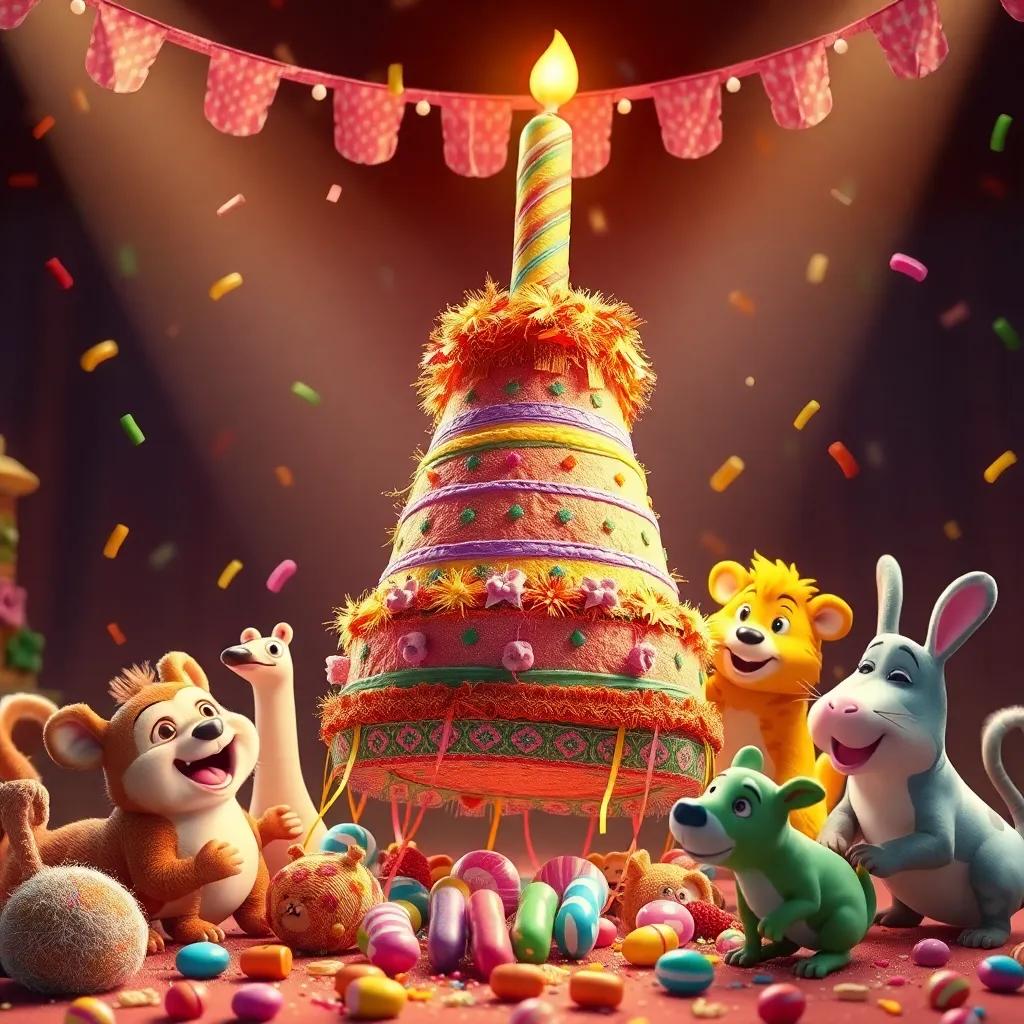 Una colorida piñata colgando de una rama, rodeada de animales muy emocionados, un ambiente de fiesta festiva con dulces cayendo, digital art, alegre, divertida, alta calidad