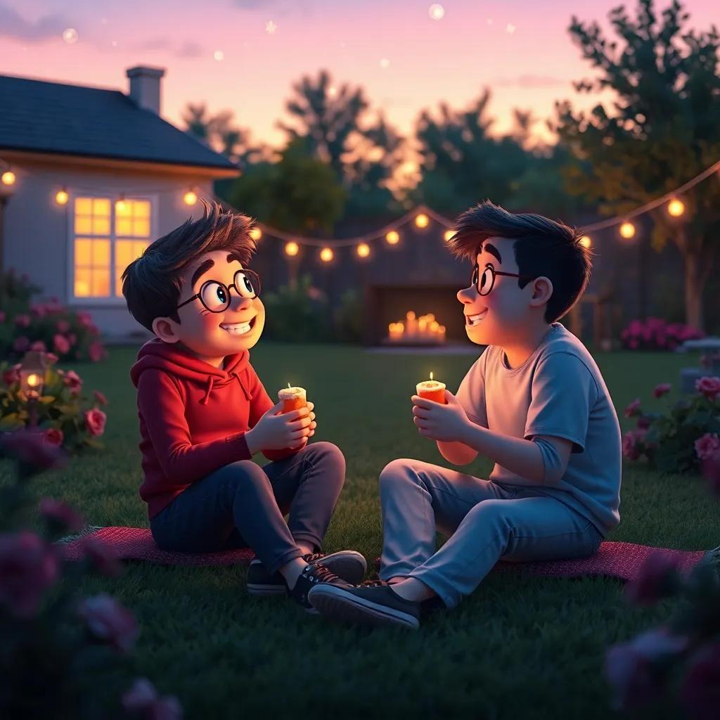 Amigos sentados juntos en un jardín al atardecer, compartiendo dulces y mirando las estrellas en el cielo, atmósfera cálida, rica en colores, encantadora, alta calidad