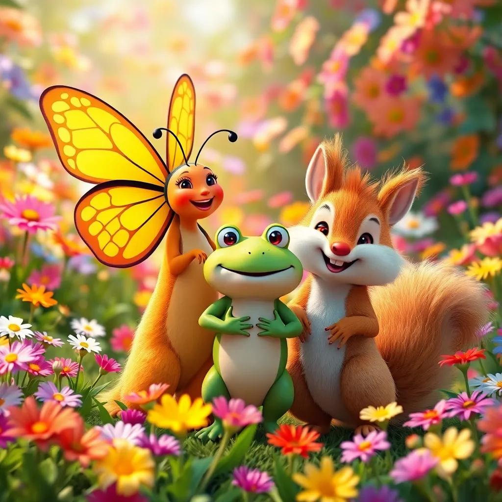 In a beautiful garden filled with colorful flowers, three friends: Bella the butterfly with vibrant wings, Tomás the little green frog smiling, and Lía the cheerful squirrel with fluffy fur, standing together in a circle, joyful atmosphere, bright colors, high quality