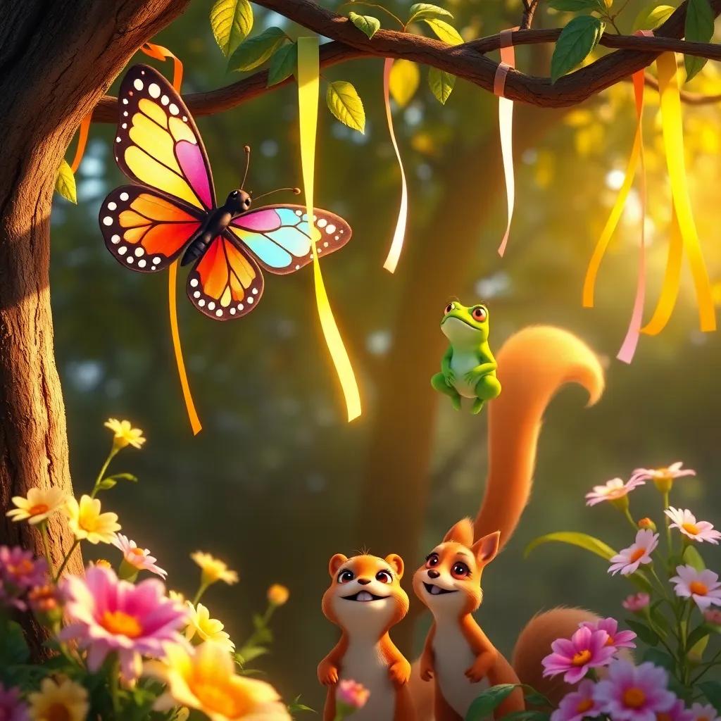 Bella the butterfly with colorful wings, flying around the garden, hanging bright ribbons between tree branches, Tomás the little green frog looking up with a big smile, Lía the cheerful squirrel below, surrounded by blooming flowers, digital art, warm light, lively