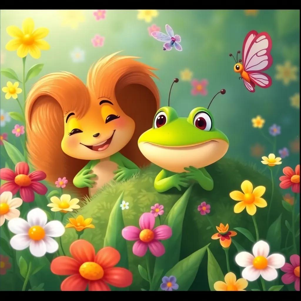 Tomás the little green frog and Lía the cheerful squirrel playing hide and seek among the flowers, Lía peeking out from a bush, with Bella the butterfly hovering nearby, laughing and watching the game, colorful flowers all around, illustration, fun and playful mood