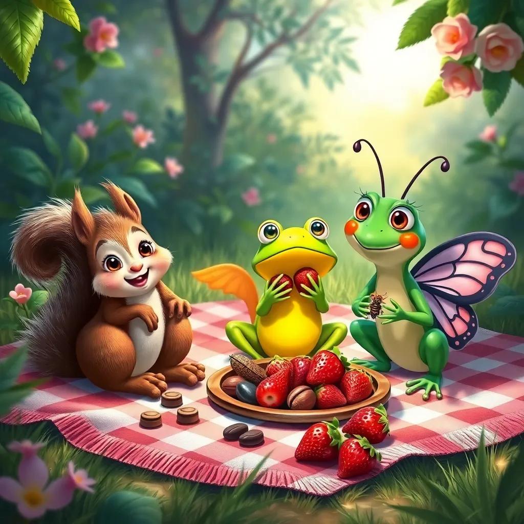A picnic scene in the garden, Lía the cheerful squirrel laying out nuts, Tomás the little green frog showing delicious bugs, and Bella the butterfly with juicy strawberries, all three friends sitting together on a picnic blanket, enjoying their treats, digital painting, rich colors, heartwarming scene