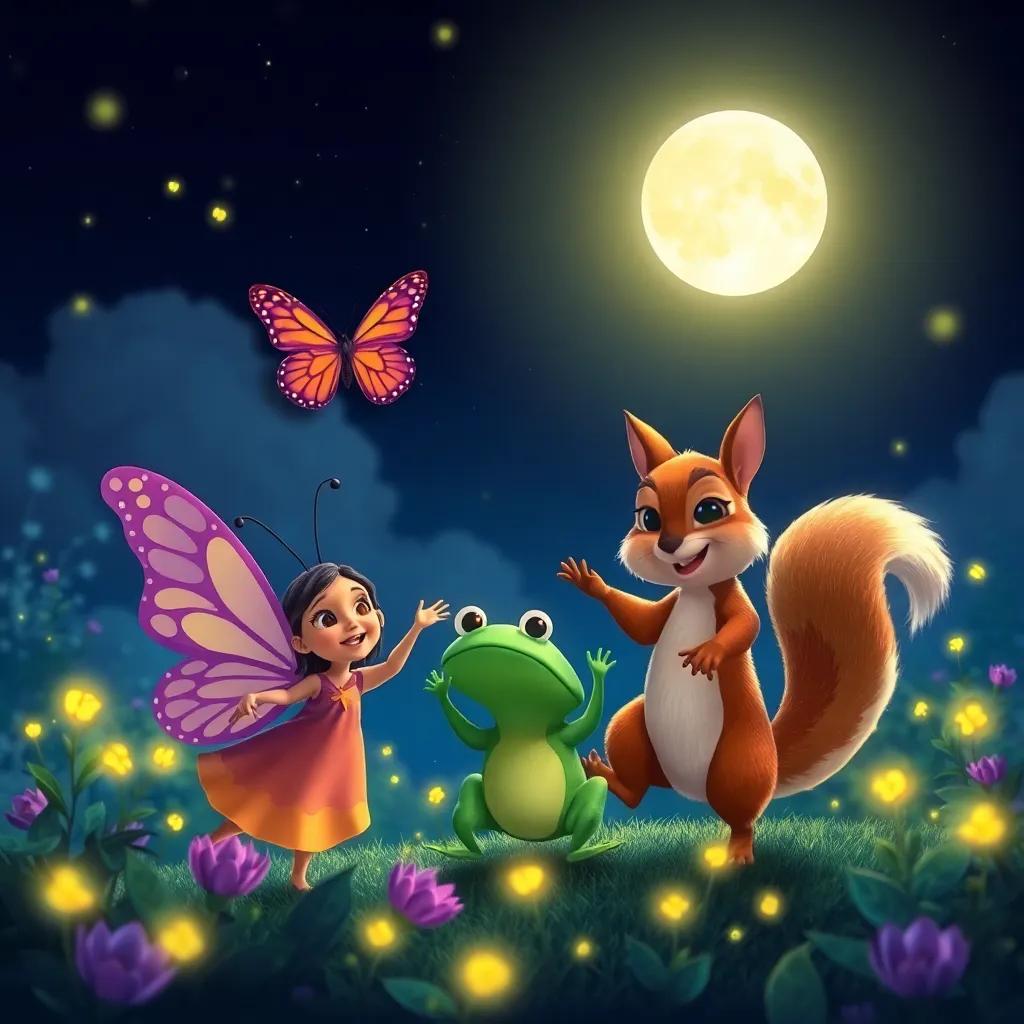 Under a bright moon, Bella the butterfly, Tomás the little green frog, and Lía the cheerful squirrel dancing joyfully in the garden, surrounded by twinkling fireflies lighting up the night, magical atmosphere, vibrant colors, high quality