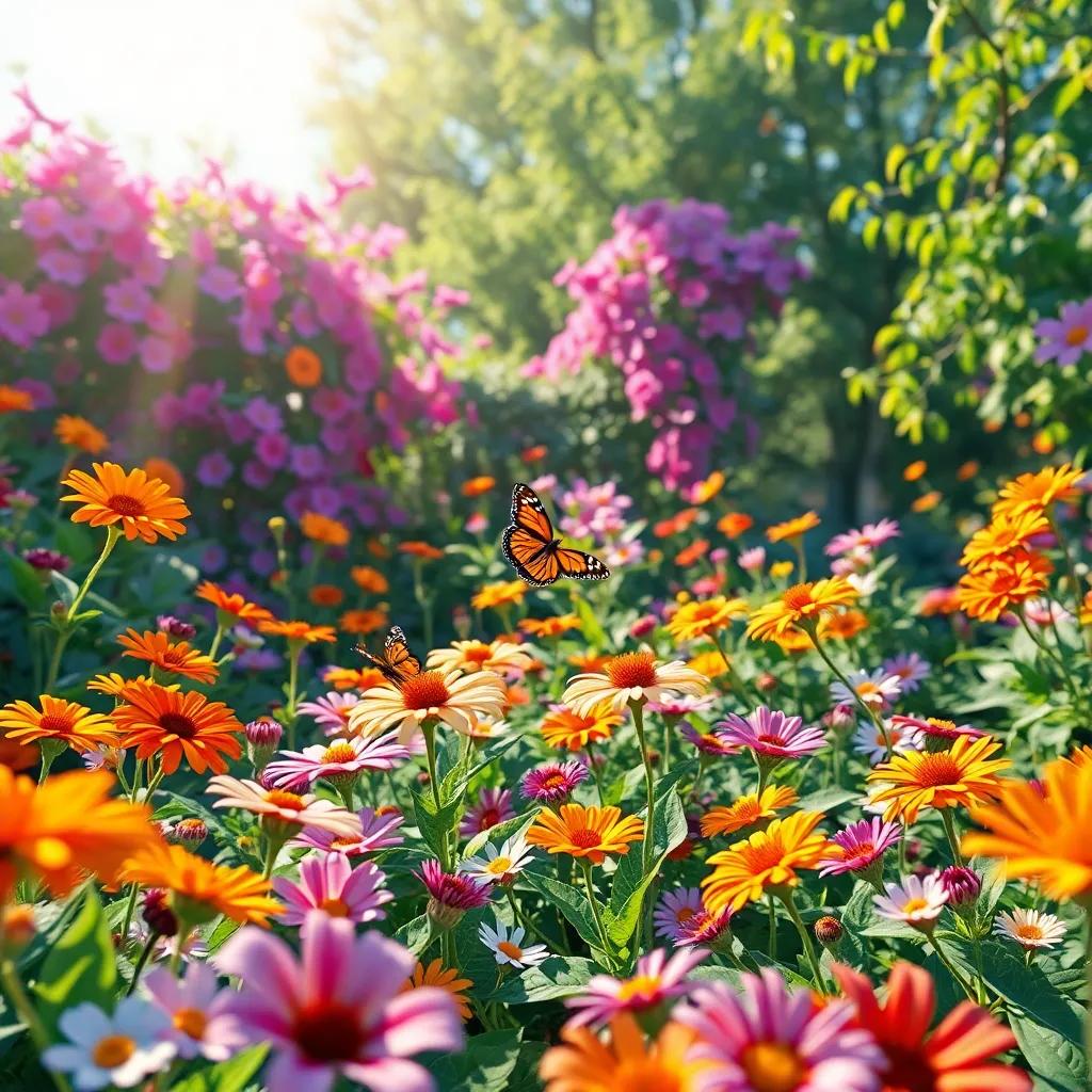 Un jardín soleado con flores de todos los colores moviéndose con el viento, abejas y mariposas felices, digital art, alegre, vibrante, perspectiva amplia, alta calidad
